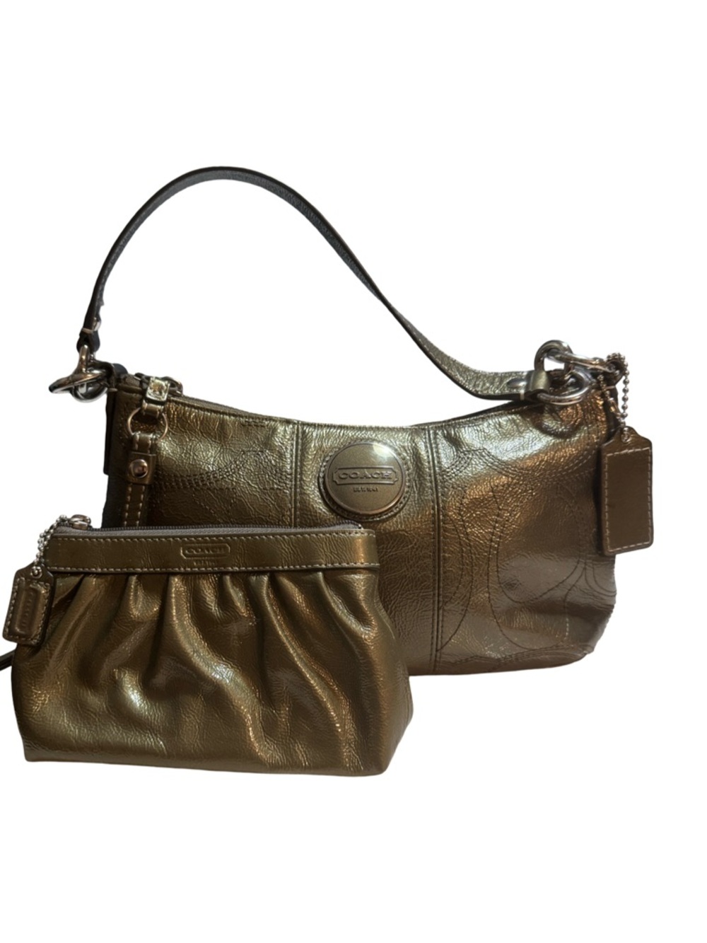 Coach Metallic green Leather Shoulder Bag with Pouch